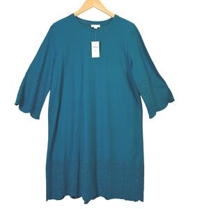 J.Jill NWT Swing Dress Medium‎ Petite Teal Blue Eyelet Cotton 3/4 Sleeve Casual